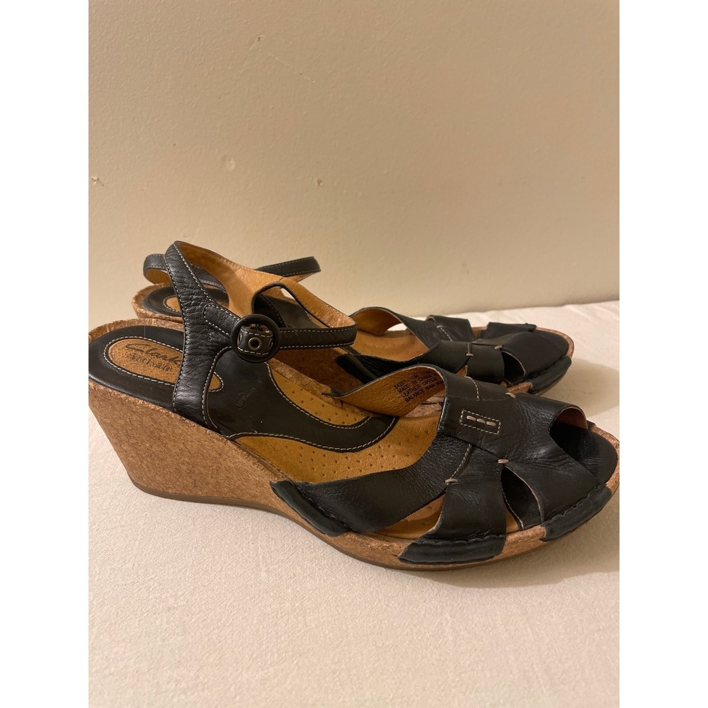 Clarks Artisan Womens Size 7M Black Leather Cork Wedge Sandals Strappy Peep Toe